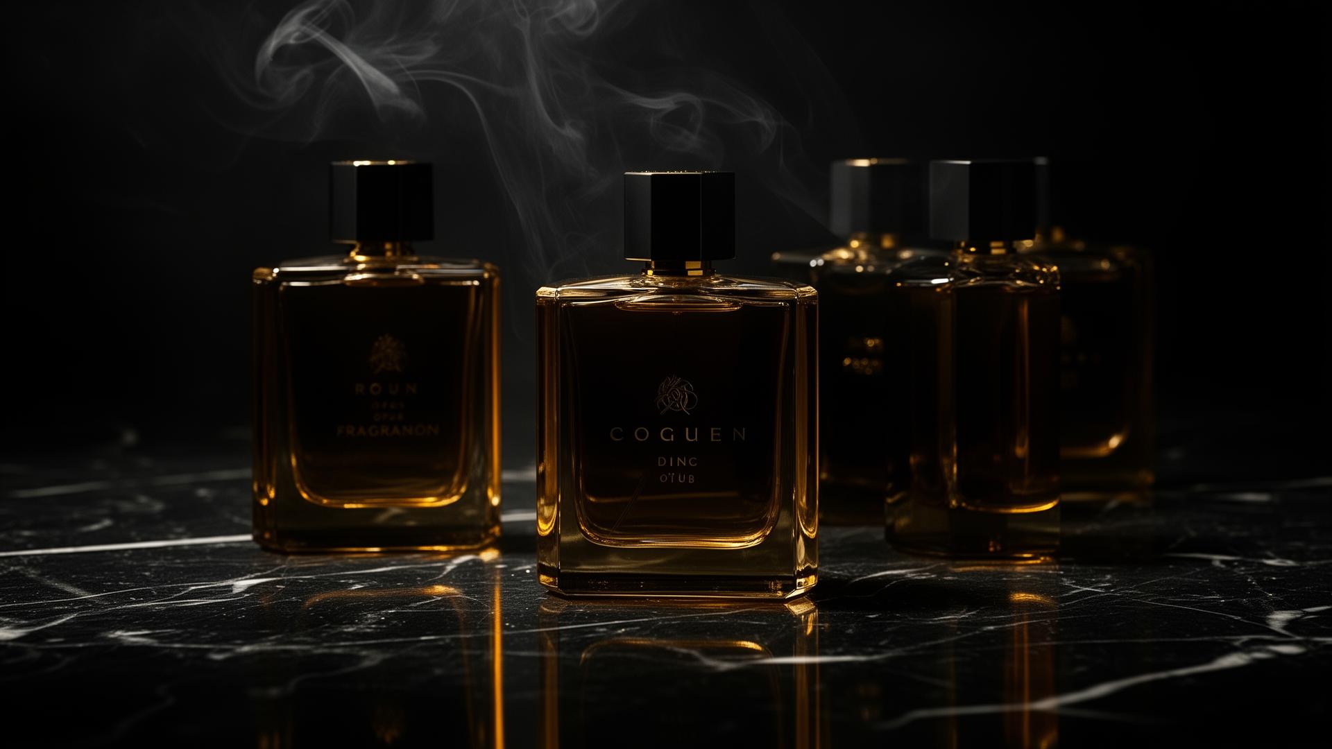 Luxury fragrance bottles on dark marble